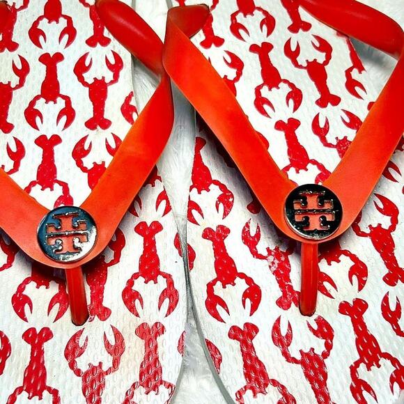 Tory Burch Red White Lobster Slip On Flats Silver Logo Classic Capsule Preppy 9 - Picture 4 of 6